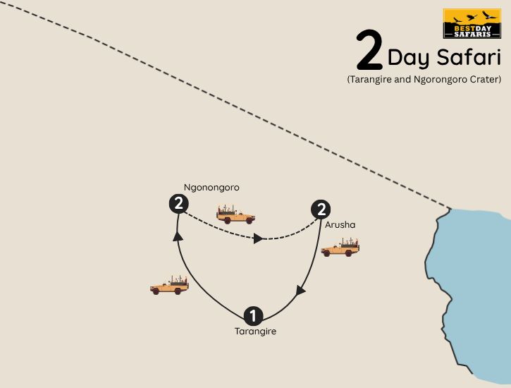 2 Days Safari Tarangire and Ngorongoro Crater Map