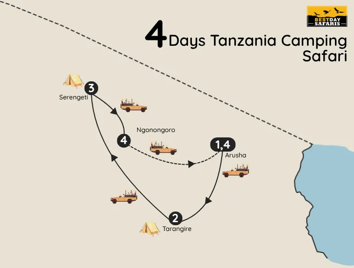 4 Days Tanzania Camping Safari Map