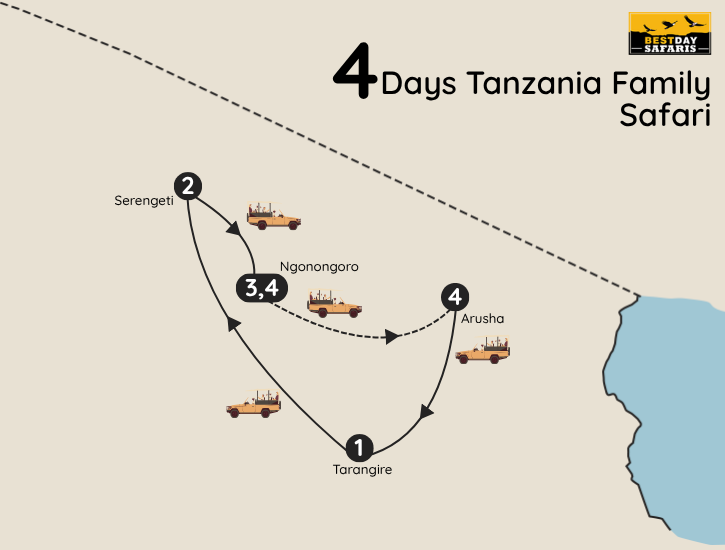 4 Days Tanzania Family Safari Map